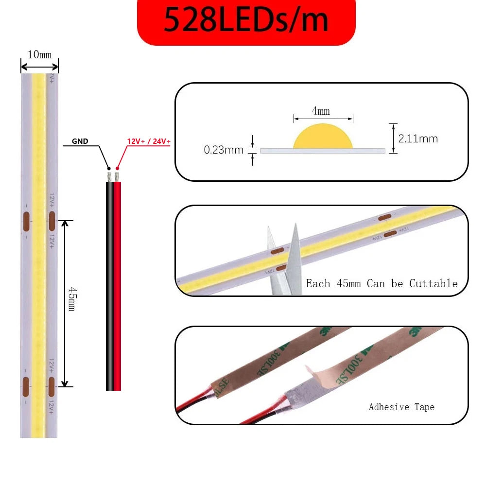 Tira LED COB Alta Densidad 480-528 LEDs/m - 12V/24V Profesional